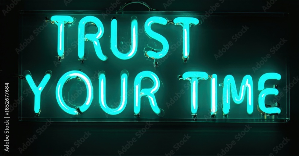 Fototapeta premium Bright neon sign displays positive message. Turquoise glow contrasts dark background. Simple typography, inspirational quote visible.