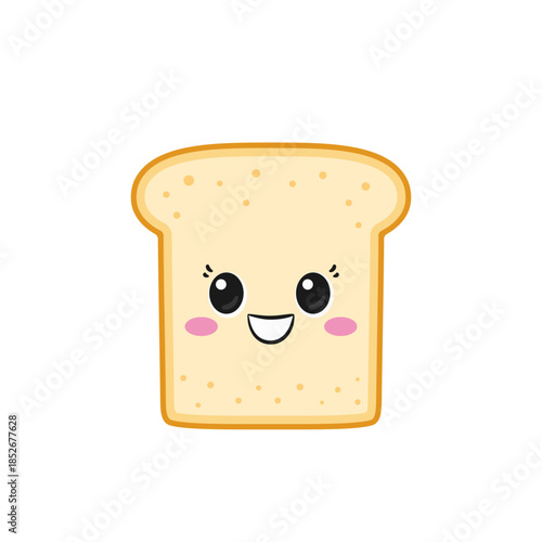 Cartoon toast, cute smiling character, sliced bread, happy face, big eyes, kawaii style, breakfast symbol, flat vector illustration.