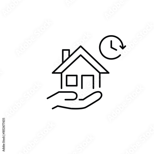 House in a hand and clock. Scheduled home maintenance and repairs. Mortgage or rent deadlines. Pixel perfect, editable stroke vector icon