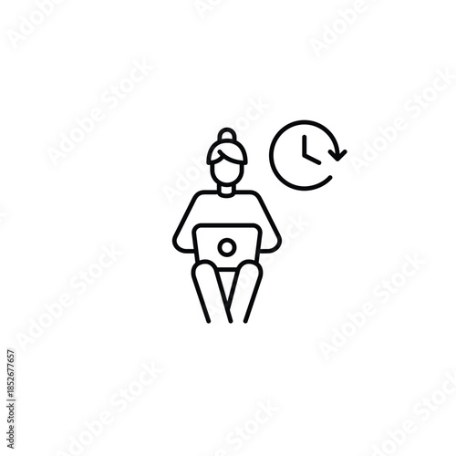 Woman user working or studying at laptop and clock. Daily routine, time tracking and work schedules. Pixel perfect, editable stroke vector icon