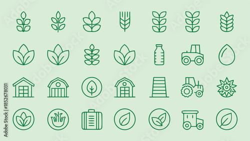 farming and nature icon set with tractor barn wheat and diverse plant leaves in clean outline design on light green