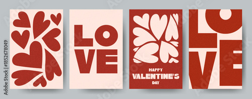 Set of modern Valentine posters with bold heart shapes and large LOVE typography in warm tones. Perfect for prints, cards, decor, and romantic graphic layouts