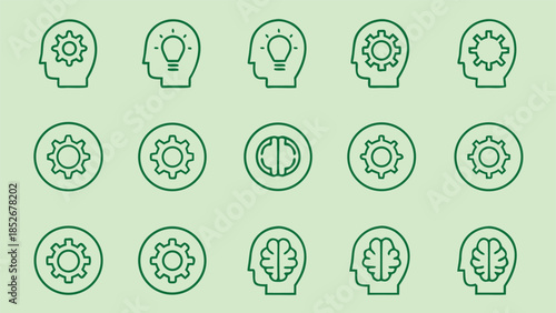 Set of flat icons representing gears and brains inside human heads symbolizing ideas innovation and cognition concepts