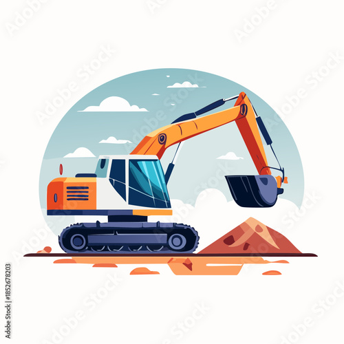 Heavy excavator working in a mining area, a modern flat vector illustration