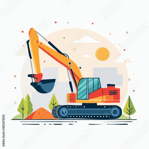 Heavy excavator working in a mining area, a flat vector illustration with clean lines and modern style
