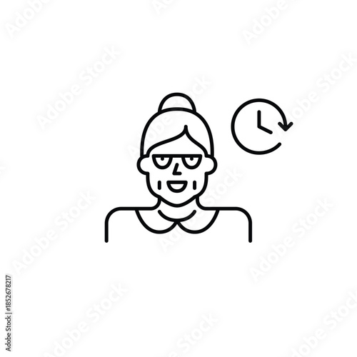 Older woman and clock. Daily routine, timeless tracking and work schedules. Pixel perfect, editable stroke vector icon