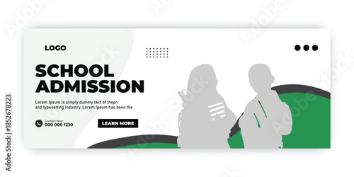 School Admission Banner Template with Students Silhouette, Modern Education Promotion Design,