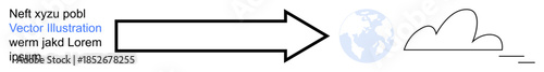 Cloud computing, data transfer processes, digital storage, globalization, tech solutions, innovation. Arrow pointing to globe and cloud. Cloud computing and data transfer processes