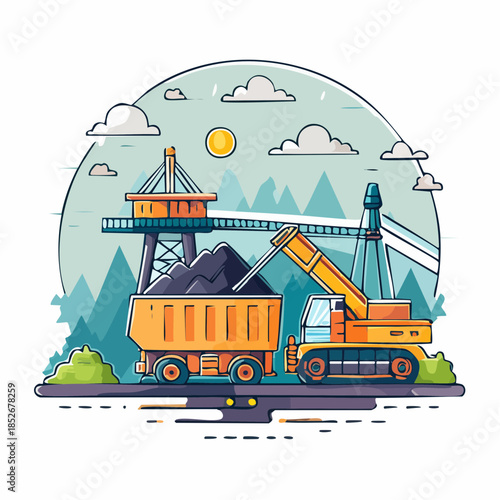 Heavy machinery operates in a coal mining operation with a dump truck and excavator, vector illustration