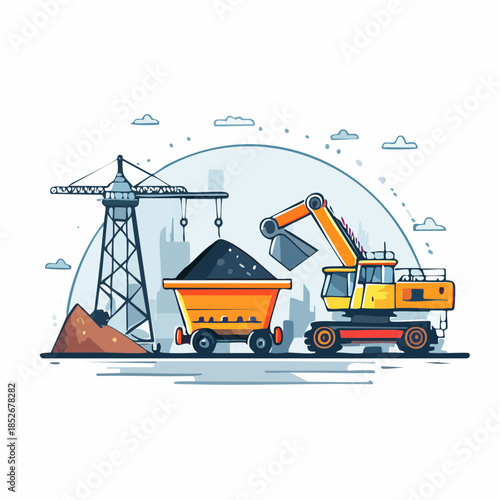 Heavy machinery operates at a coal mining site with excavator and crane, vector illustration