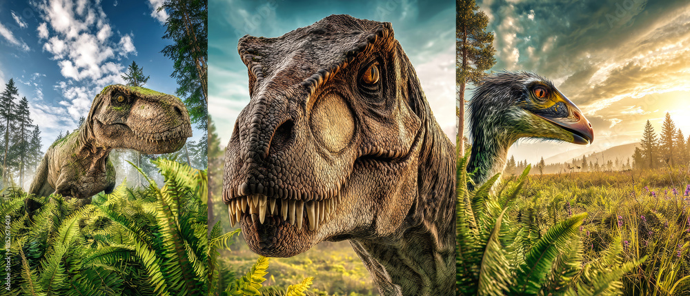 Obraz premium Tyrannosaurus rex grazes in ferns, Allosaurus wanders through an open field, and Troodon grazes on plains surrounded by trees under blue sky
