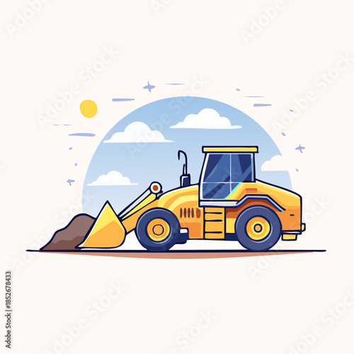 Vector illustration of a yellow excavator operating in an open pit mine, transporting minerals
