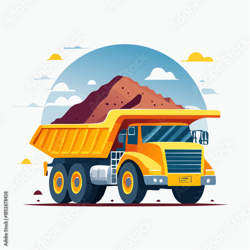 Industrial mining truck transporting ore on mining site, vector illustration