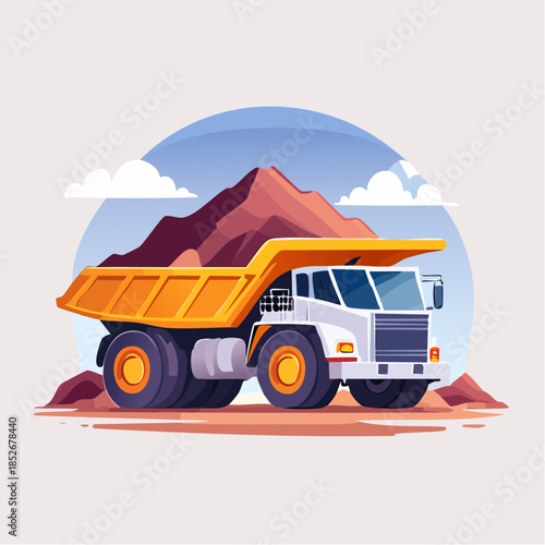 Dump truck transporting minerals in an open pit mine with clean lines and flat vector style