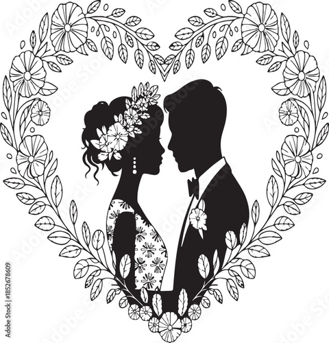 Silhouette of a couple in love surrounded by flowers