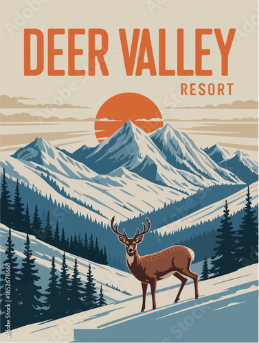 Ski Deer Valley Resort Vintage Travel Poster, Utah USA Winter Landscape Illustration