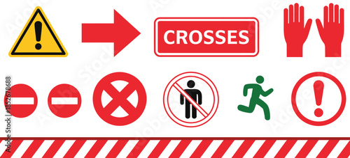 warning and prohibition signs set, vector illustration featuring hazard symbols, caution icons, safety alerts, danger indicators
