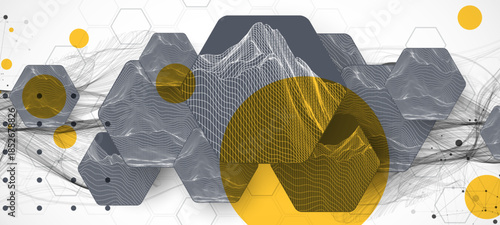 Abstract composition with wireframe hexagons, dots, and lines. Vector