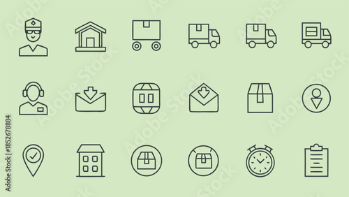 Logistics and delivery outline icons including courier warehouse trucks mail and location pin on light pastel background