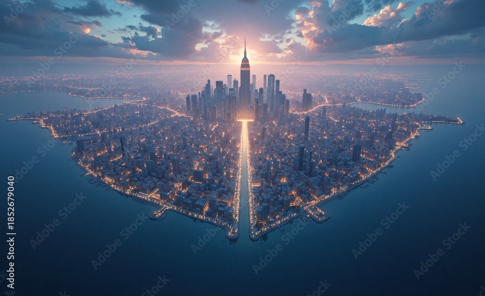 Fototapeta premium An incredible aerial view of a sprawling city at sunrise, with a prominent central skyscraper catching the golden light, surrounded by water.
