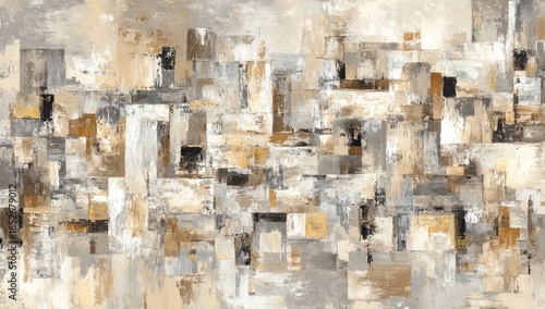 Panel kuchenny z motywem Abstract artwork featuring a cityscape painted with muted tones, a textured and artistic display