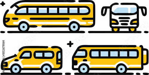 group of yellow bus outlines with black details on transparent background including different vehicle types