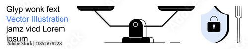 Legal systems, food safety, cybersecurity, justice, online protection, decision-making. Black balance scale with shield and lock symbol alongside a fork. Legal systems and cybersecurity visual theme