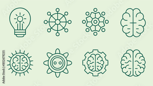 Abstract icons of a light bulb radiating energy brains and complex circular patterns suggesting intellect and ingenuity