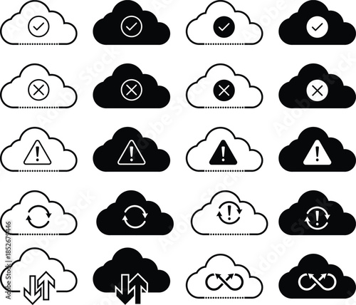 Cloud Status & Sync Icons Set – Upload, Download, Success, Error, Warning.