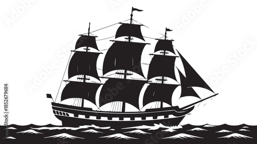 A black and white silhouette illustration of a tall sailing ship with three masts, set against a white background 