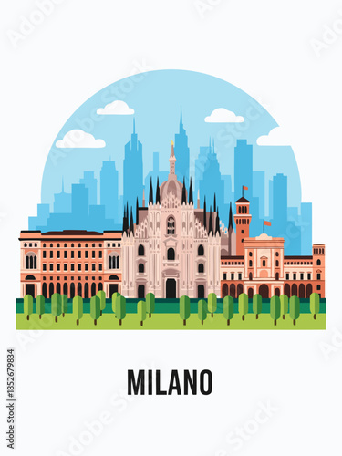 Milan Cathedral and skyline, a vibrant illustration of a European city's iconic architecture and urban landscape, perfect for travel and cultural themes