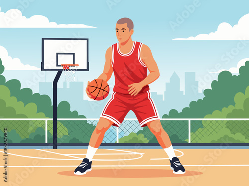 Athletic man playing basketball on an outdoor court with a cityscape in the background, healthy lifestyle illustration