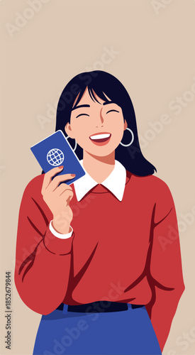 Pixel Art Woman Holding Passport With Joyful Expression Red Sweater Blue Skirt