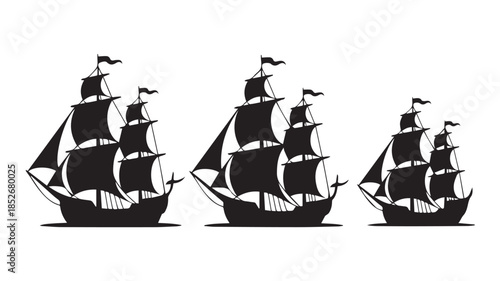 A black and white silhouette illustration of three medieval sailing ships arranged horizontally.  