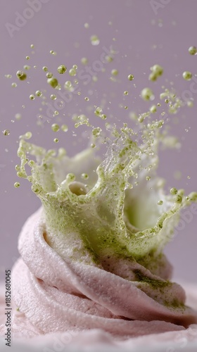 Dynamic splash of matcha green tea on whipped cream