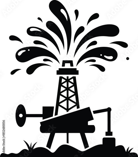 Black oil rig with gushing liquid and pump jack oil pump