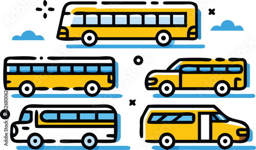 Dynamic set of cartoon bus icons, featuring vibrant yellow school buses with blue accents for fun transportation designs