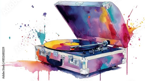 Vibrant watercolor vinyl record player art with splashes of color. Silent Record Week