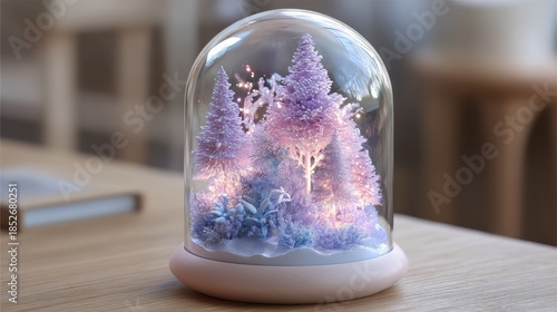Enchanted miniature winter forest in glass dome with soft lights