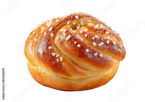 Golden brown twisted pastry with white sugar crystals isolated on a transparent background baked good