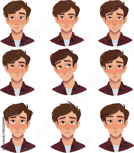 Pixel Art Young Man Expressing Different Emotions With Blush Isolated