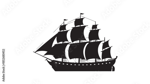A black silhouette of a historic sailing ship against a white background 