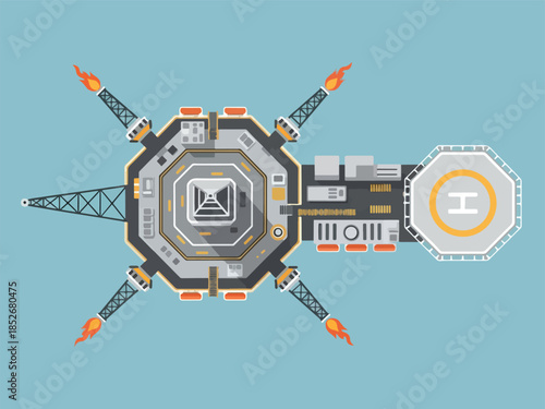 Topdown view illustration of an offshore oil or gas platform with a helipad
