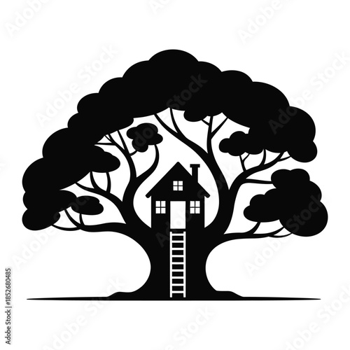 Stylized tree house silhouette with ladder symbolizing a whimsical and peaceful retreat, dreamlike nature hideaway, quiet relaxation mood, artistic minimal style, and serene outdoor fantasy 