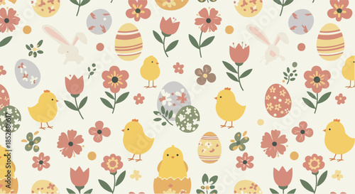 Pixel Easter Pattern with Chicks Bunnies and Flowers on Cream Background
