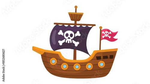 A cartoon illustration of a pirate ship with a simple, child-friendly design.