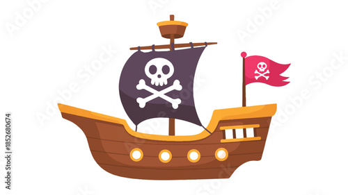 A cartoon illustration of a pirate ship with a simple, child-friendly design.