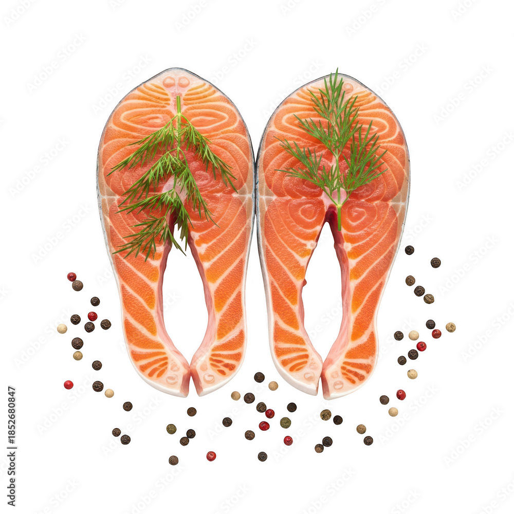 Fototapeta premium Raw salmon steaks with dill, PNG with alpha channel cut-out