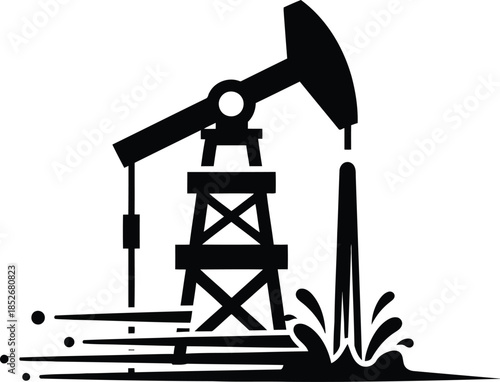 Black silhouette of an oil pump jack with splashing liquid