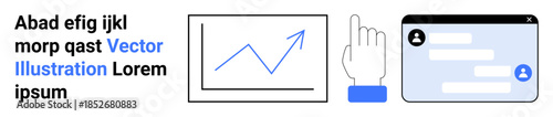Data analytics, online communication, user interface, business presentation, digital marketing, technology tools. A chart, a hand icon and a messaging platform interface. Data analytics and online